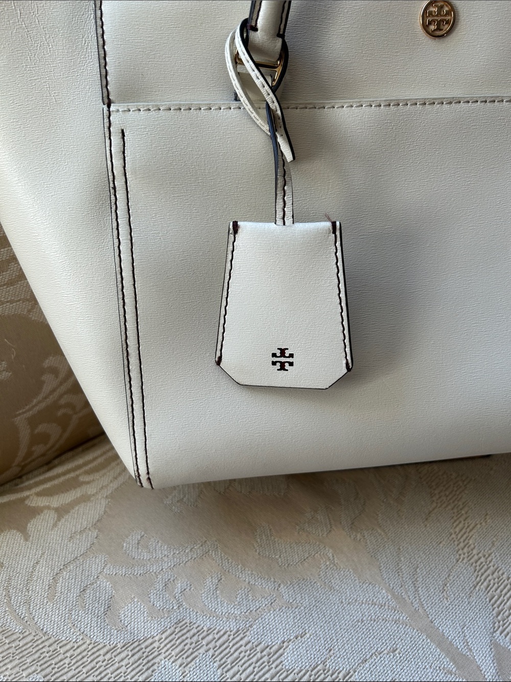 Tory Burch Robinson Cream Leather Double-Handle Tote with Gold Accents - Picture 8 of 14